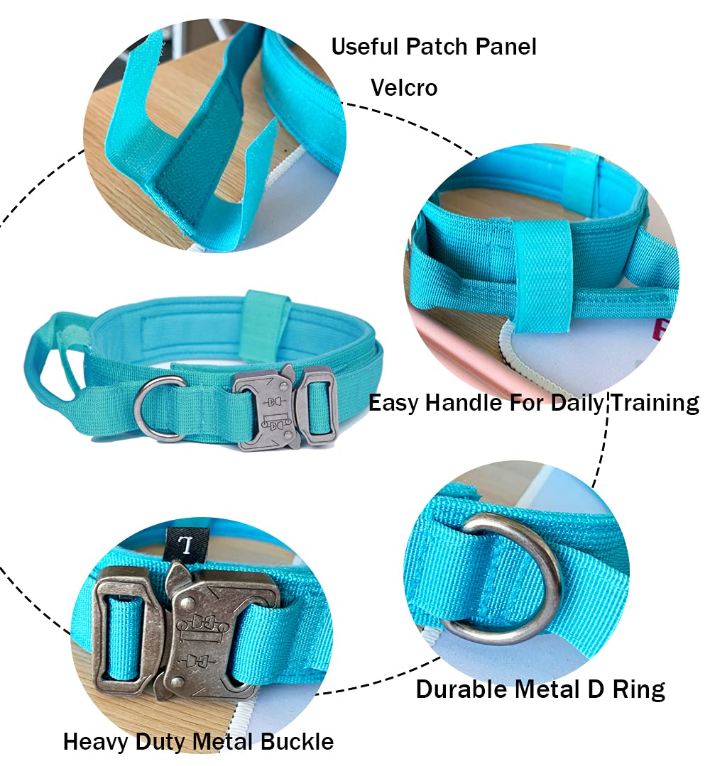 Tactical Dog Collar Military Dog Collar Adjustable Nylon Dog Collar Heavy Duty Metal Buckle with Handle for Dog Training (Blue,L