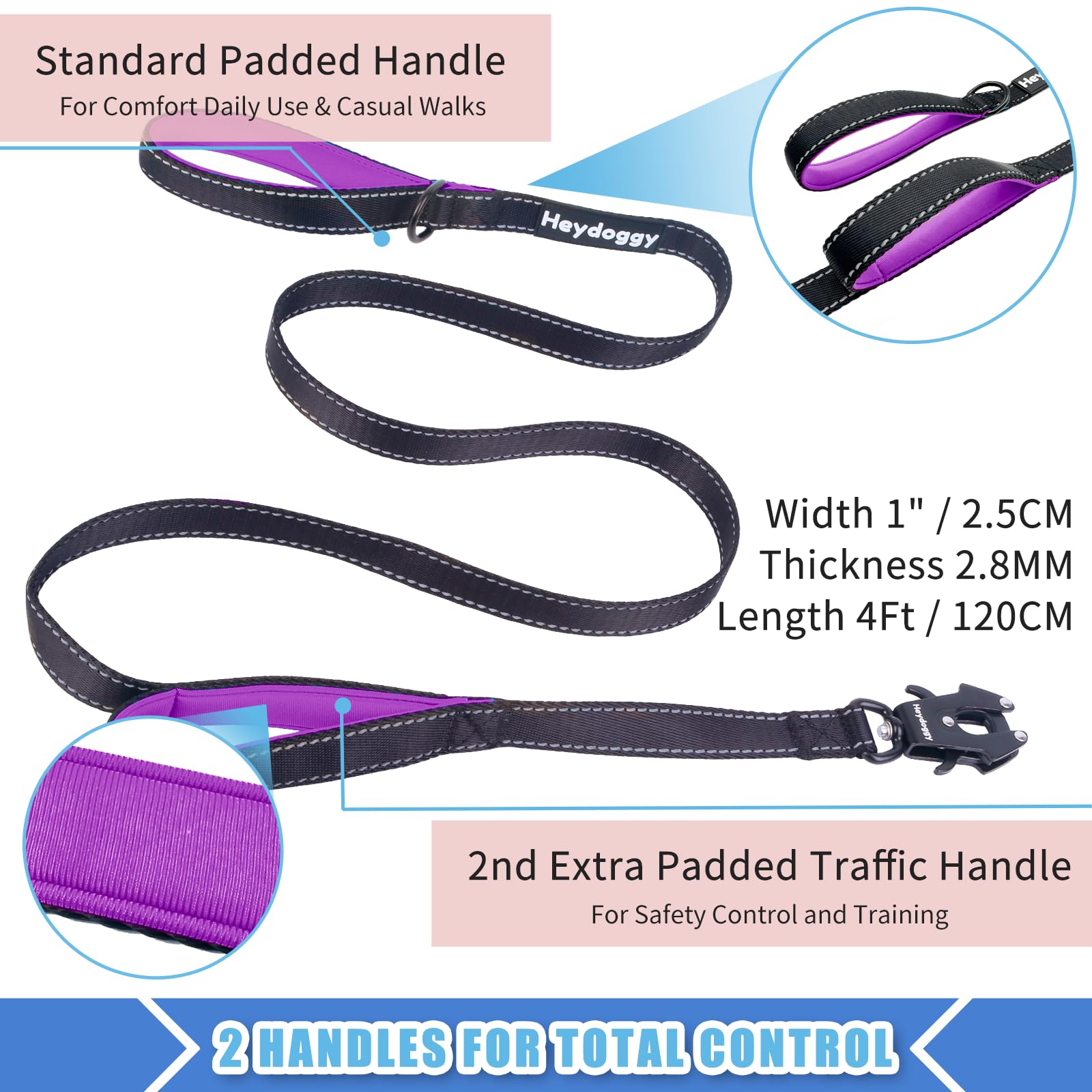 Strong Heavy Duty Dog Leash - 4Ft Reflective Nylon Training Leash With Soft Padded Double Handle & Auto Lock Frog Clip - Safety