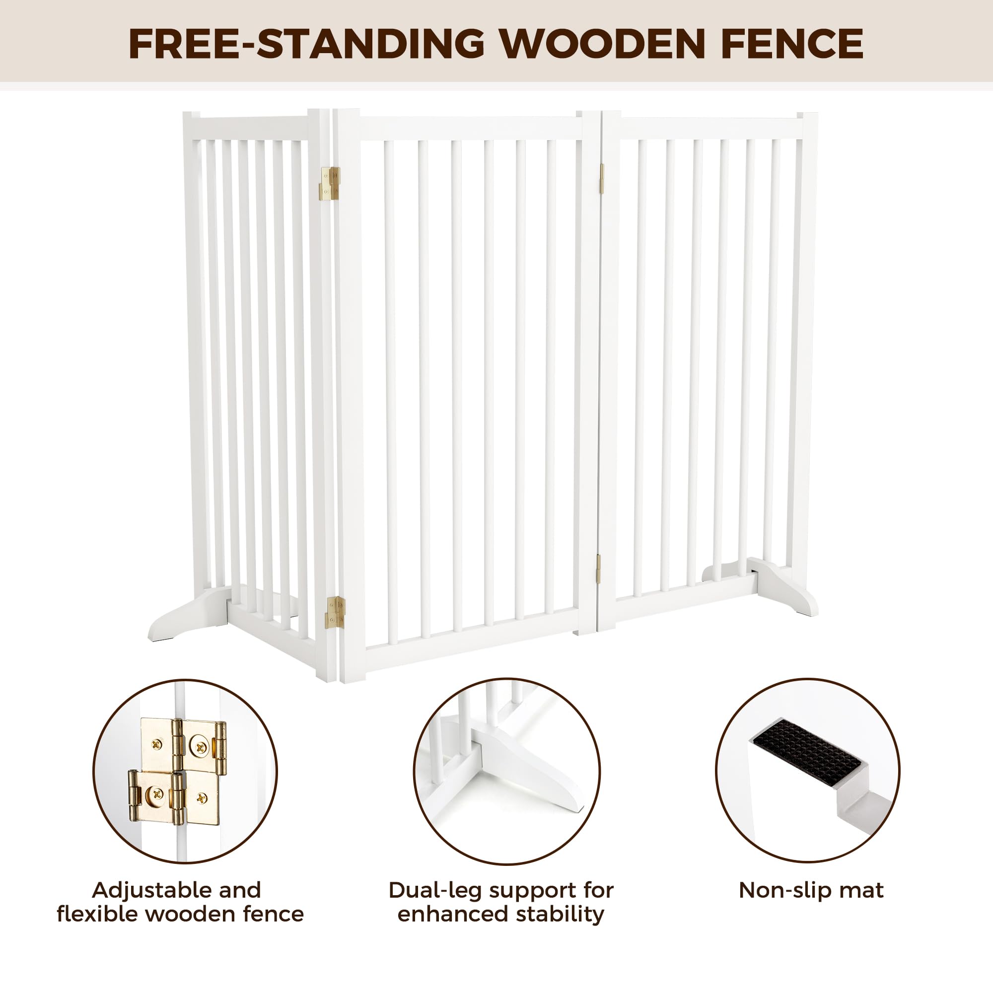 36  H Freestanding Pet Gate, Solid Wood Foldable Dog Gate with Support Feet, Wooden Tall Dog Gate for Doorway, Stairs & Indoor U