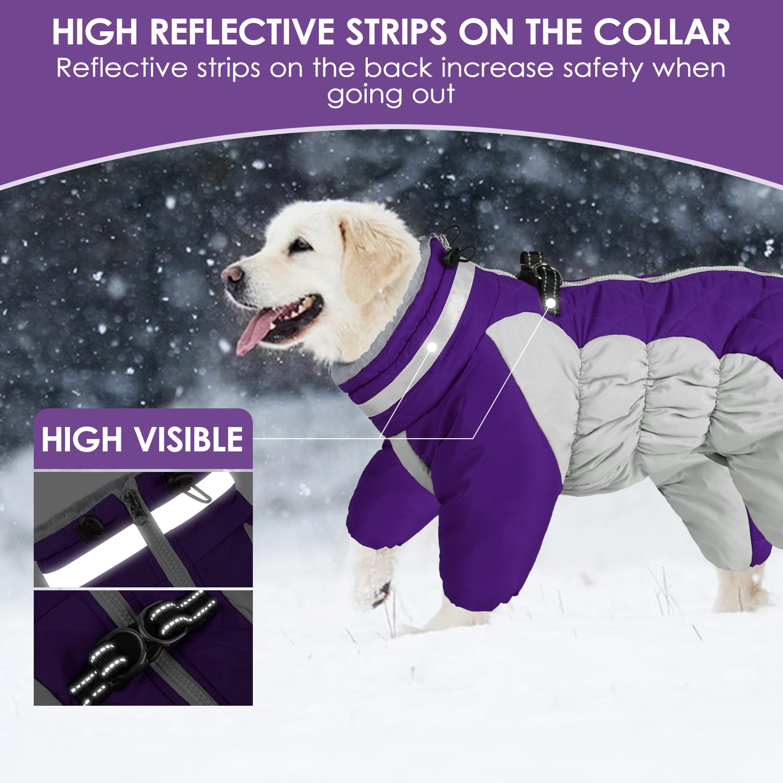 Sunfura Four Legged Dog Coat - Warm Fleece Winter Coat, Reflective Turtleneck Dog Jacket With Harness, Windproof Full Body Pet S