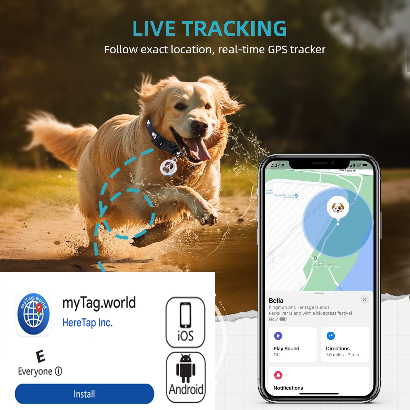 Dog Tracker-GPS Dog Collar-GPS Tracker for Dogs-Pet Tracker for Dogs | Android and iOS Universal | No Monthly Fee | Waterproof |