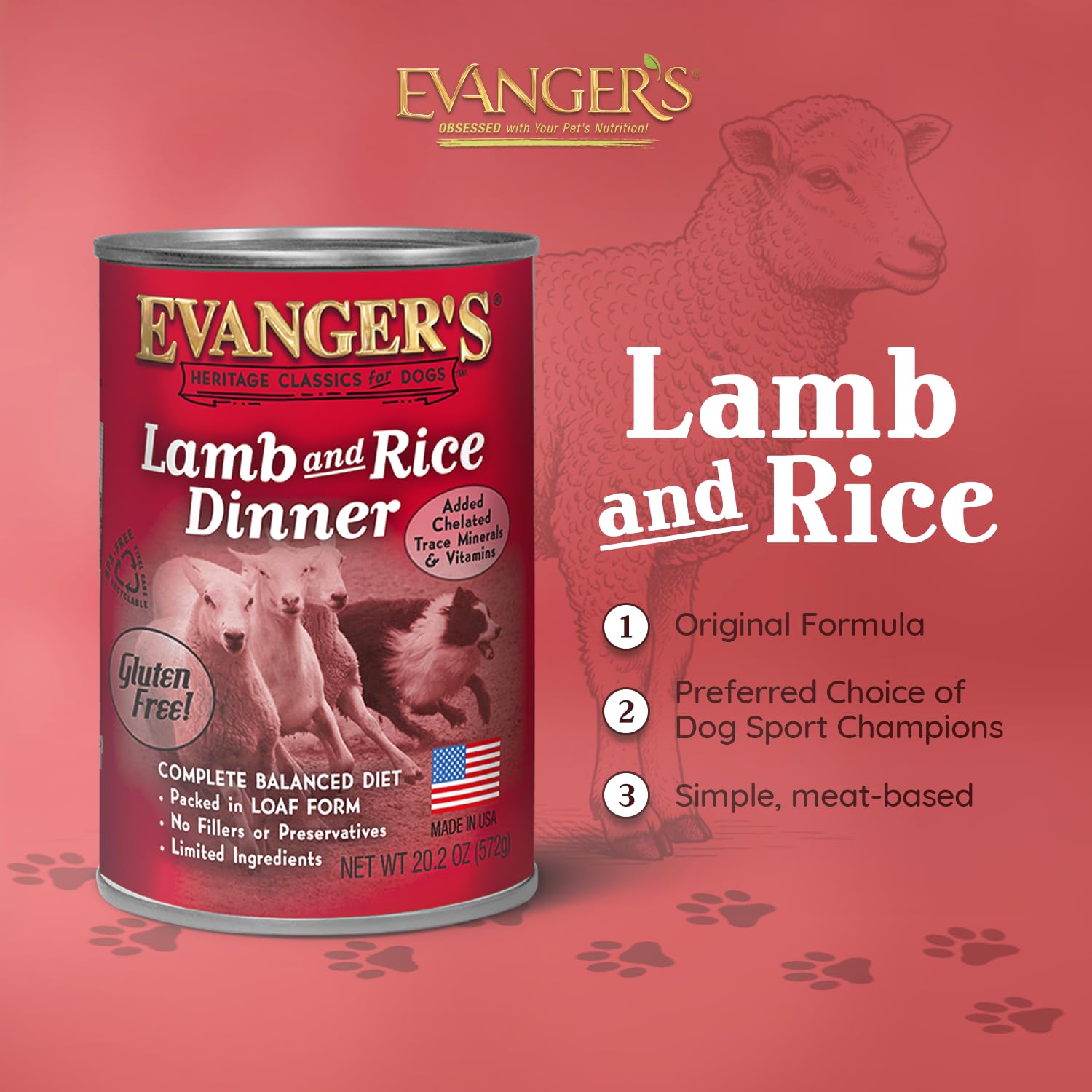 Evangers Heritage Classic Lamb & Rice Dinner - 12 Count, 20.2 oz Each - Wet Dog Food with Lamb and Rice - Gluten-Free Loaf Styl