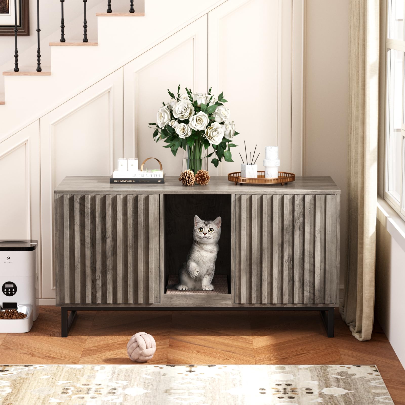 Double Litter Box Enclosure,Modern Cat Litter Box Enclosure For 2 Cats, Hidden Litter Box With Scratch Pad, Cat Washroom Pet Hou