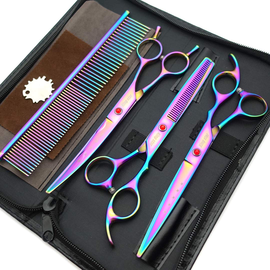 7.0In Titanium Professional Pet Grooming Scissors Set,Straight & Thinning & Curved Scissors 3Pcs Set For Dog Grooming,A349 (Rainbow)