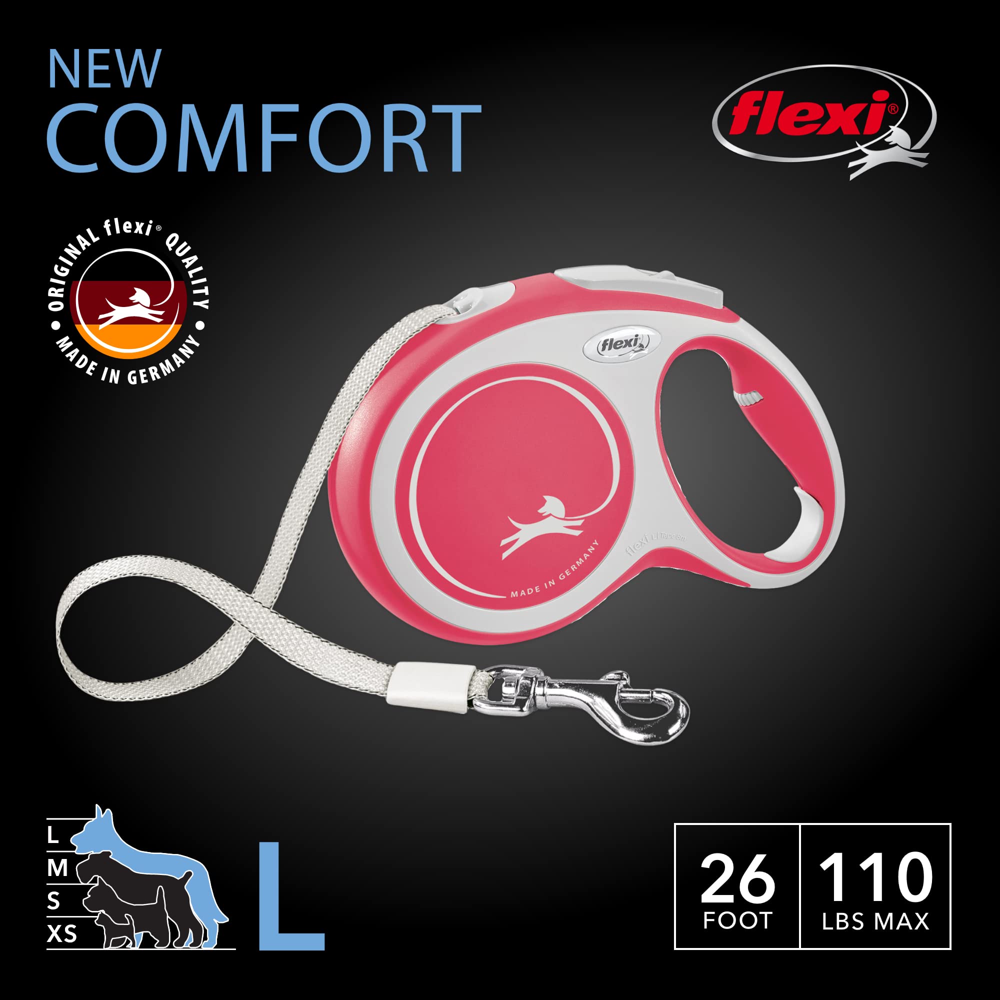 Flexi New Comfort Tape Retractable Dog Leashes For Large Dogs Upto 110 Lbs. - 26 Ft., Red/Pastel | Tangle Free Pet Walking Leash