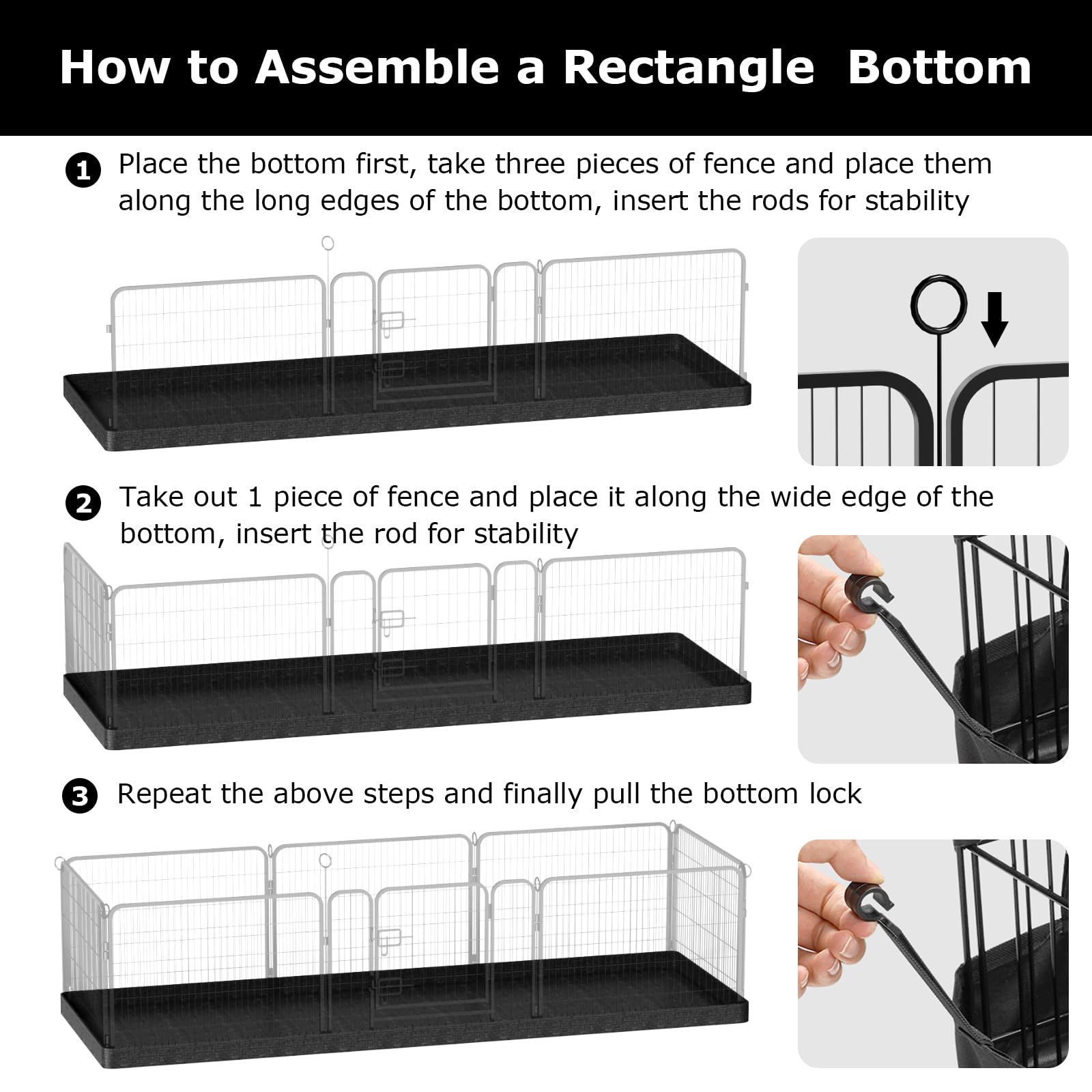 PJYuCien Rectangle Dog Playpen - 32"x96" Waterproof Oxford Cloth, Black, Model: Rectangle-Bottom Pad-32inch