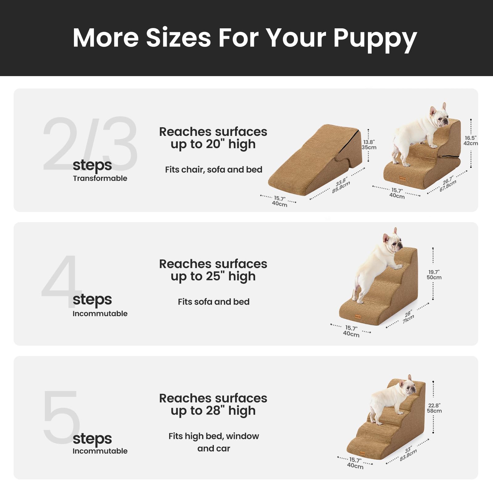 Gardner Pet Dog Stairs for Small Dogs 16.5 H, 2 in 1 Transformable 3-Step Pet Stairs and Dog Ramp for Couch (13-20 in), Brown Ad