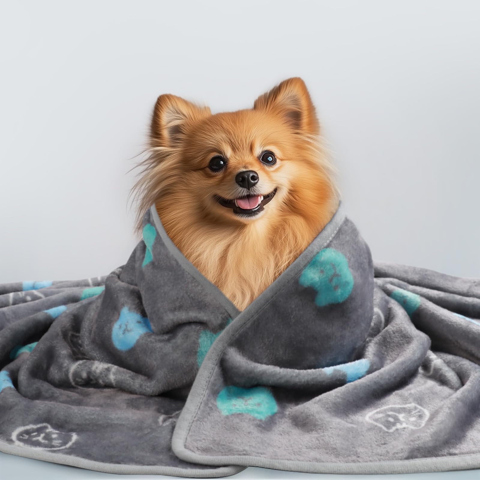 1 Pack 3 Blankets Super Soft Fluffy Premium Cute Cat Pattern Pet Blanket Flannel Throw for Dog Puppy Kitten Blue/Cyan/Grey Small