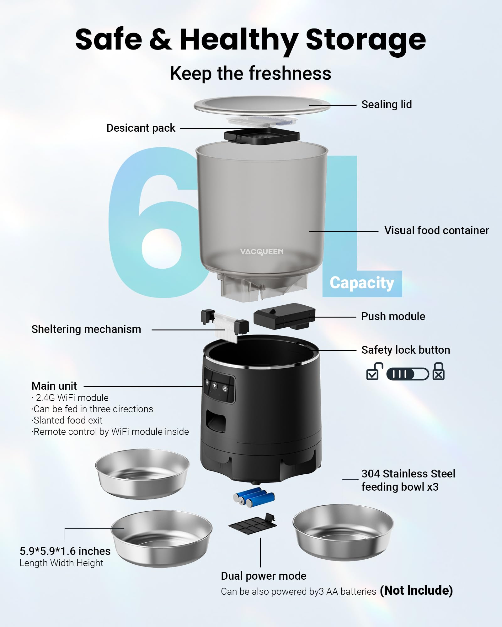 Vacqueen Automatic Cat Feeder for 3 Cats, 6L/25 Cups Smart WiFi Pet Feeder, Strong Anti-Jam System, Dual-Effect Desiccant Cat Fo