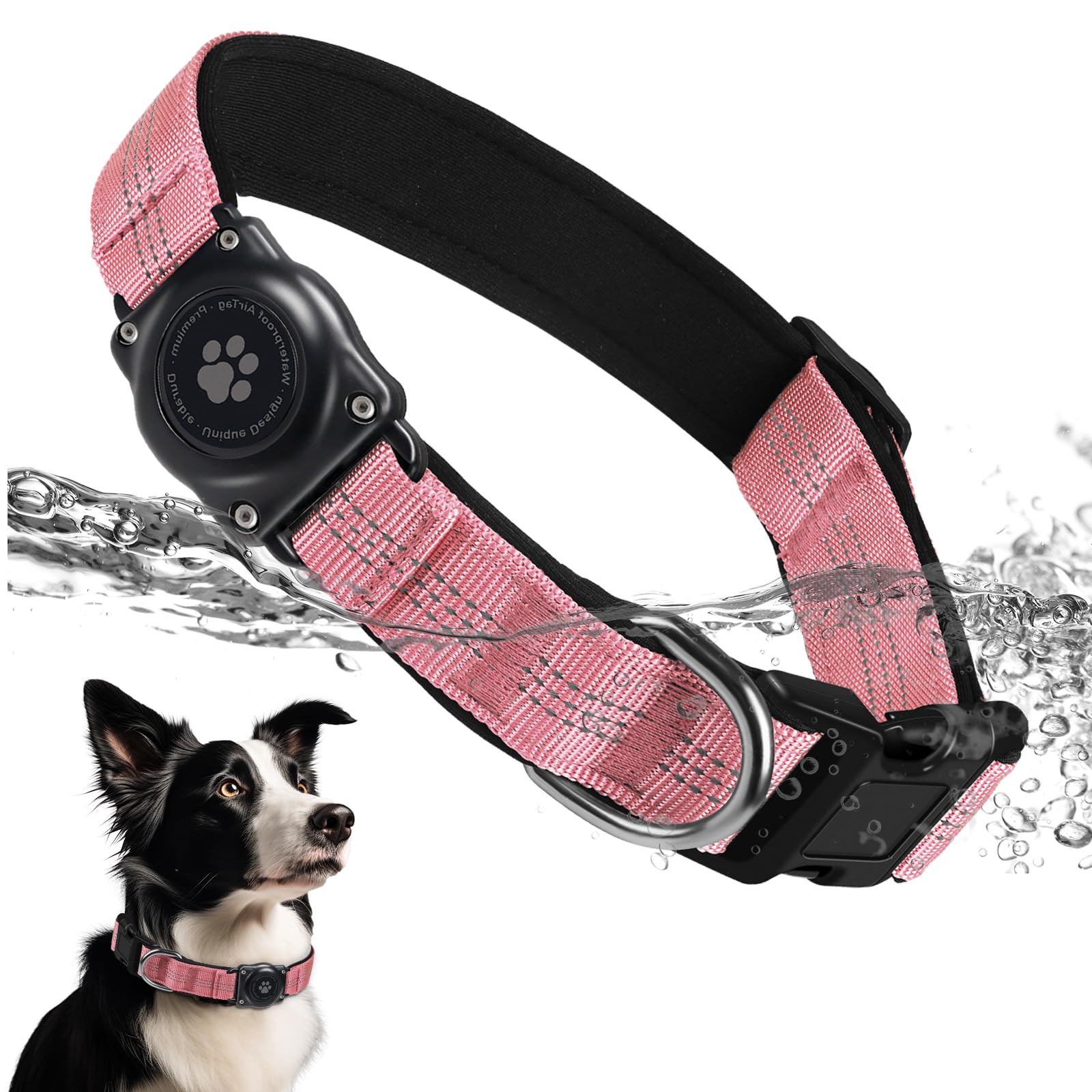 Upgraded Airtag Dog Collar, Ip68 Waterproof Air Tag Dog Collar Holder, Reflective, Ultra-Durable, Comfortable Padded, Heavy Duty Dog Collars For Small Medium Large Dogs (M (12.6'-17.1'), Pink)