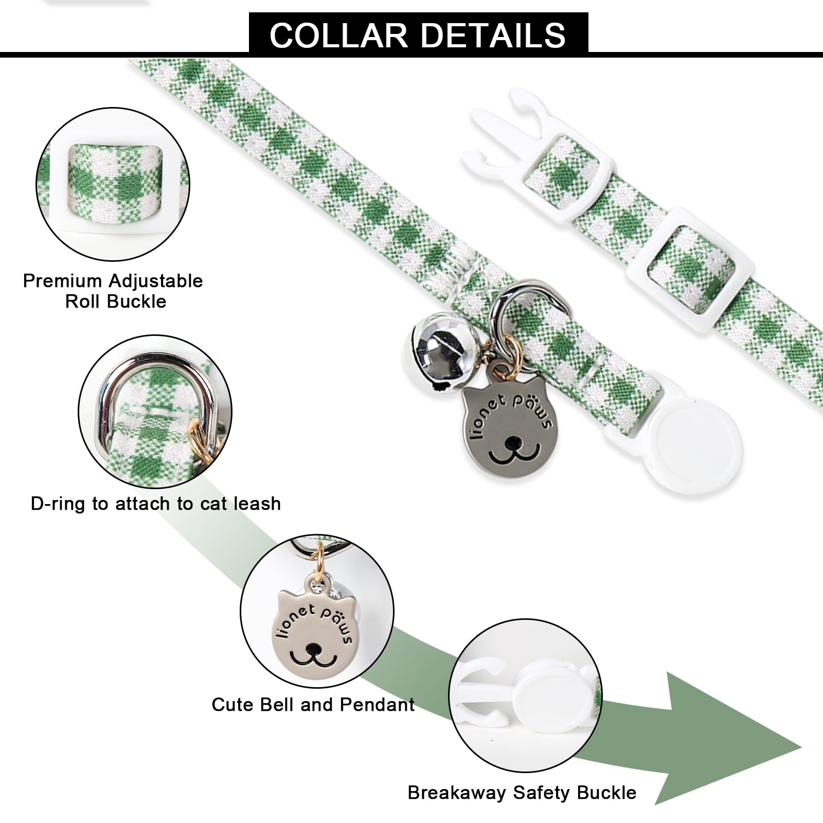 Lionet Paws 2Pcs Pack Cotton Cat Collar,Breakaway Buckle With Green Pink Grid And Brand Pendant Cute Adjustable Cat Kitten Colla