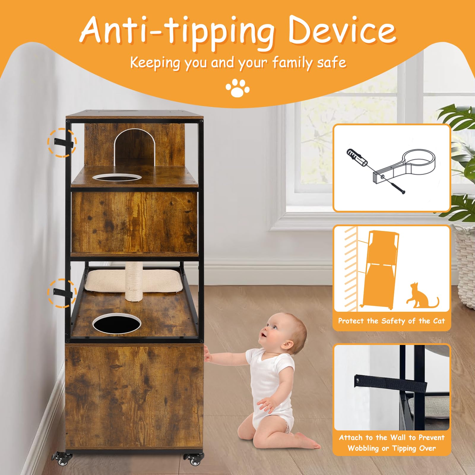 Cat Litter Box Enclosure Furniture With Caster, 45.5'' Tall Wooden Cat Tree House And Hidden Tower Storage Cabinet Combo, Indoor