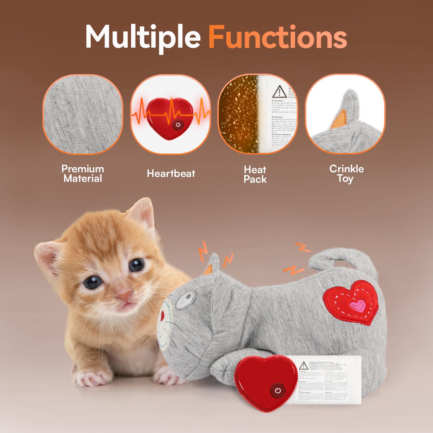 All For Paws Heartbeat Cat Plush Toy - Calming Kitten Companion With Realistic Heartbeat, Anxiety Relief For Indoor Cats Dogs Pe