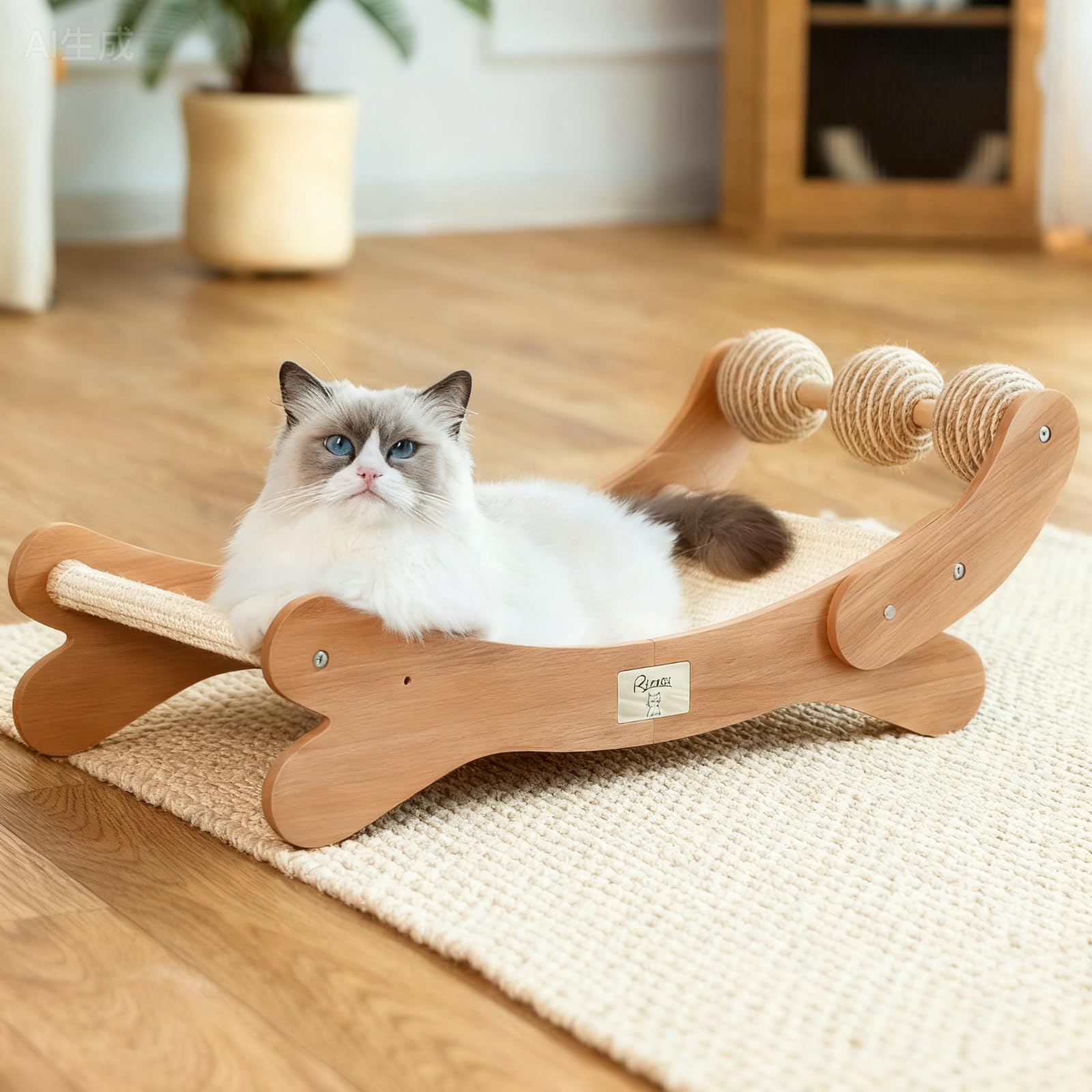 RizzQi Sisal Cat Scratcher Bed with 3 Toy Balls for Indoor Cats, Durable Wooden 3-in-1 Hammock Lounge & Scratch Pad - Modern Fur