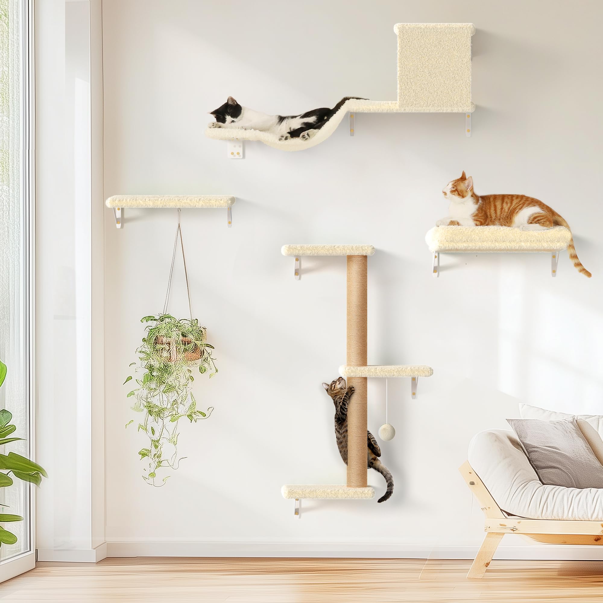 Fukumaru Cat Wall Shelves, Stable & Safe 4 In 1 Large Cat Walls Furniture Set, Wooden Kitten Climbing Wall With Scratching Post 