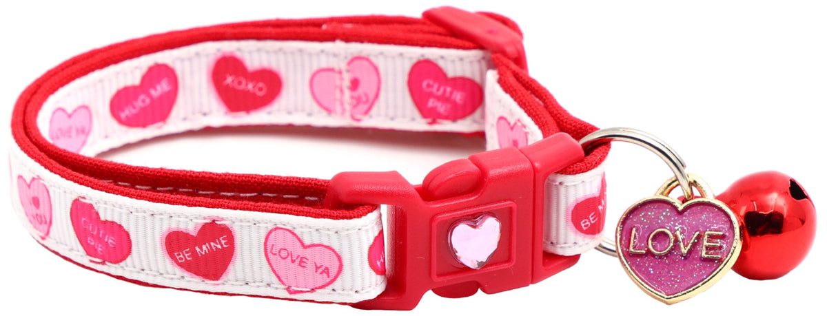 Valentines Day Cat Collar With Bell | Safety Breakaway Collar | Adjustable Large Size Or Kitten Collar (Red Conversation Hearts,