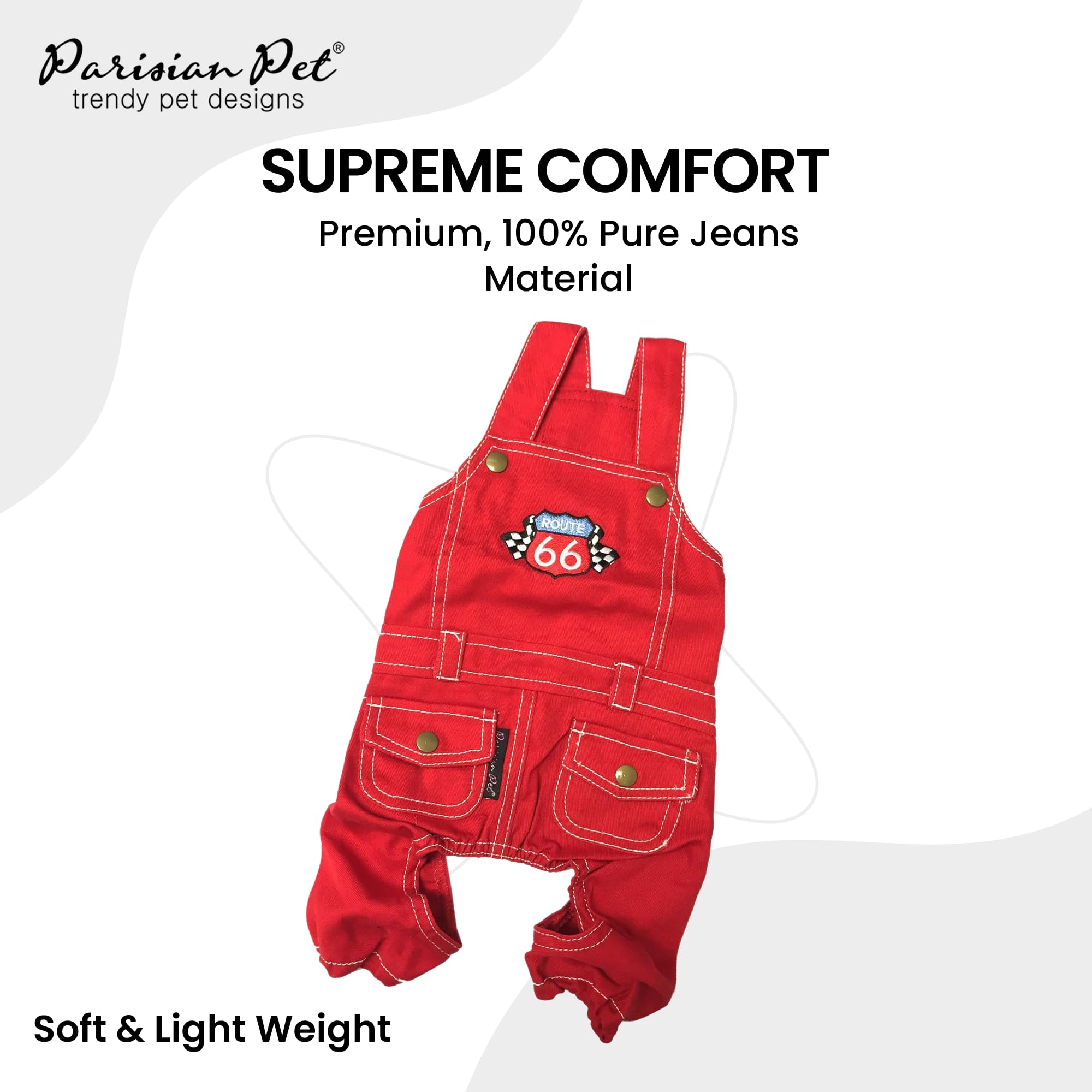 Parisian Pet Denim Overall - Embroidered Route 66 ' Red Jumpsuit - Breathable & Washable Dog Outfit - Dog Overalls Xl