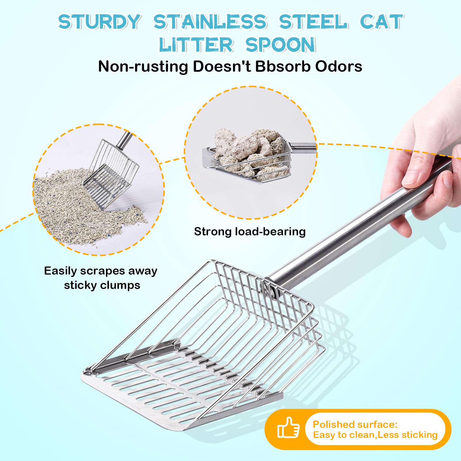 PETOCAT Metal Cat Litter Scoop with Holder Stainless Steel Kitten Poop Scooper, 17.5 Heavy Duty Pet Poop Sifter for Cat Box, Lon