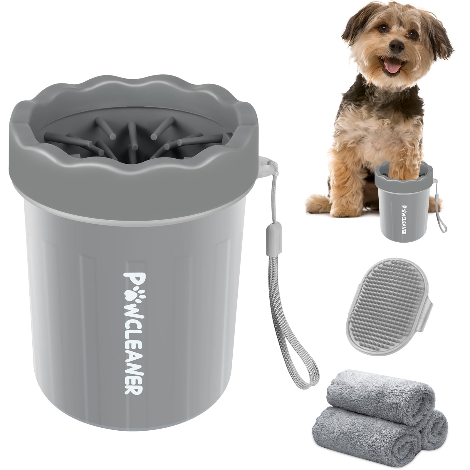 Comotech Portable Pet Paw Washer And Foot Cleaner With Silicone Brush, 3 Absorbent Towels For Small Dogs (Grey)