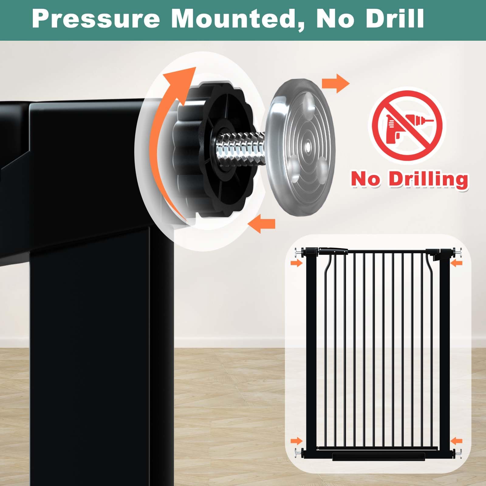 flower frail Extra Tall Baby Gate 49.2"-54.7" Wide Black Pressure Mounted, Model W385, No Drill Safety Child Barrier
