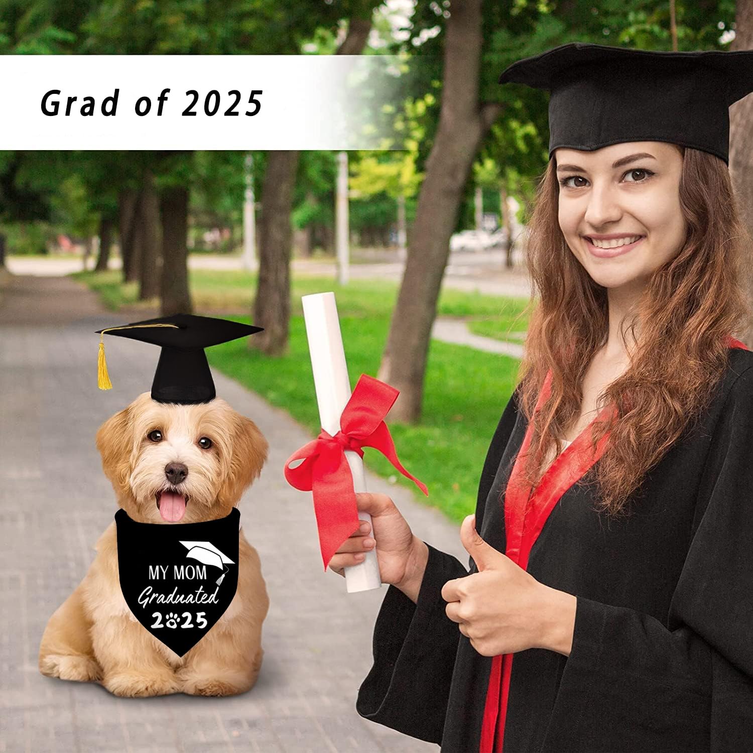 Dog Graduation Outfit Cap And Bandana Set My Mom Graduated 2025 Pet Scarfs Grad Triangle Bibs And Doctoral Hat For Small Medium
