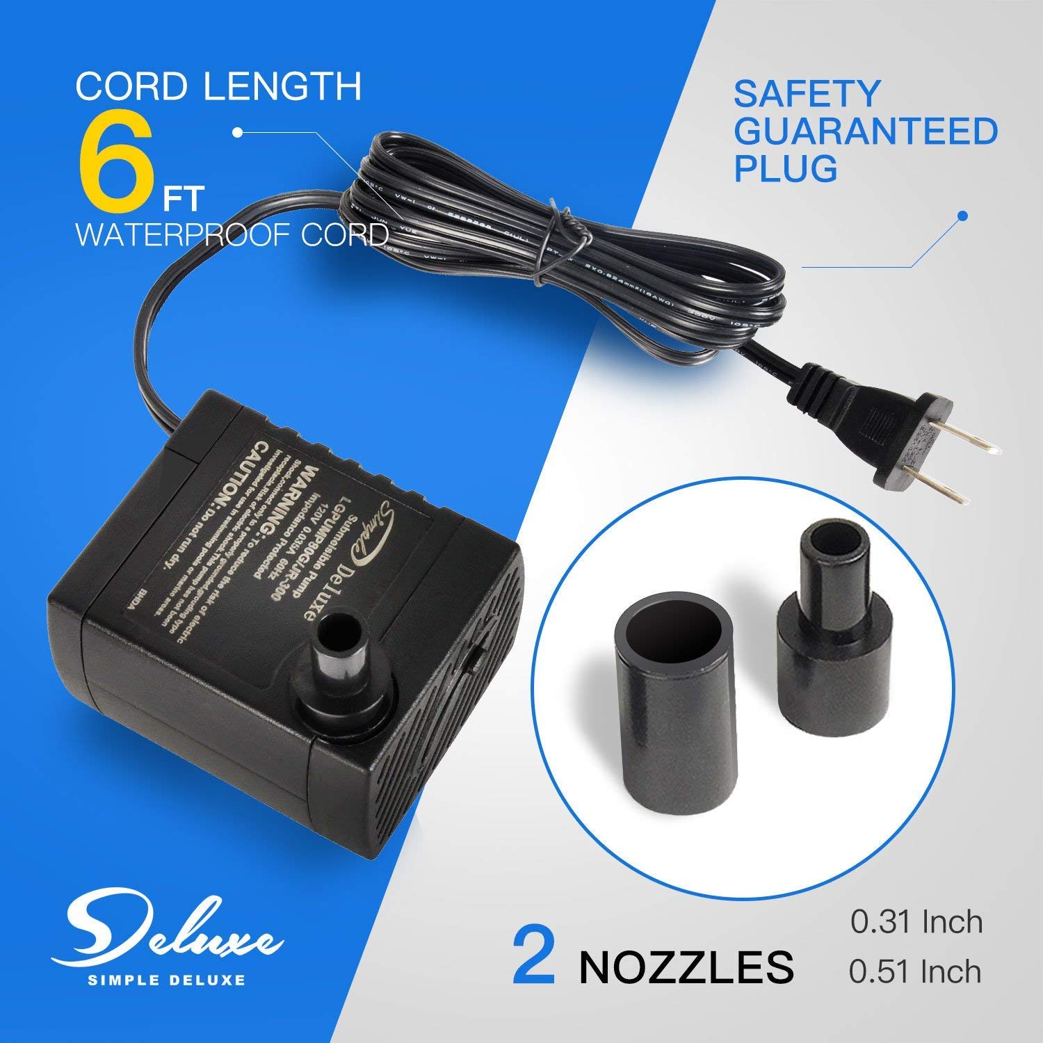Simple Deluxe 80 Gph 3.6W Submersible Pump With Adjustable Intake & 6' Waterproof Cord For Fish Tank, Hydroponics, Fountains, Ponds, Statuary, Aquariums, Black