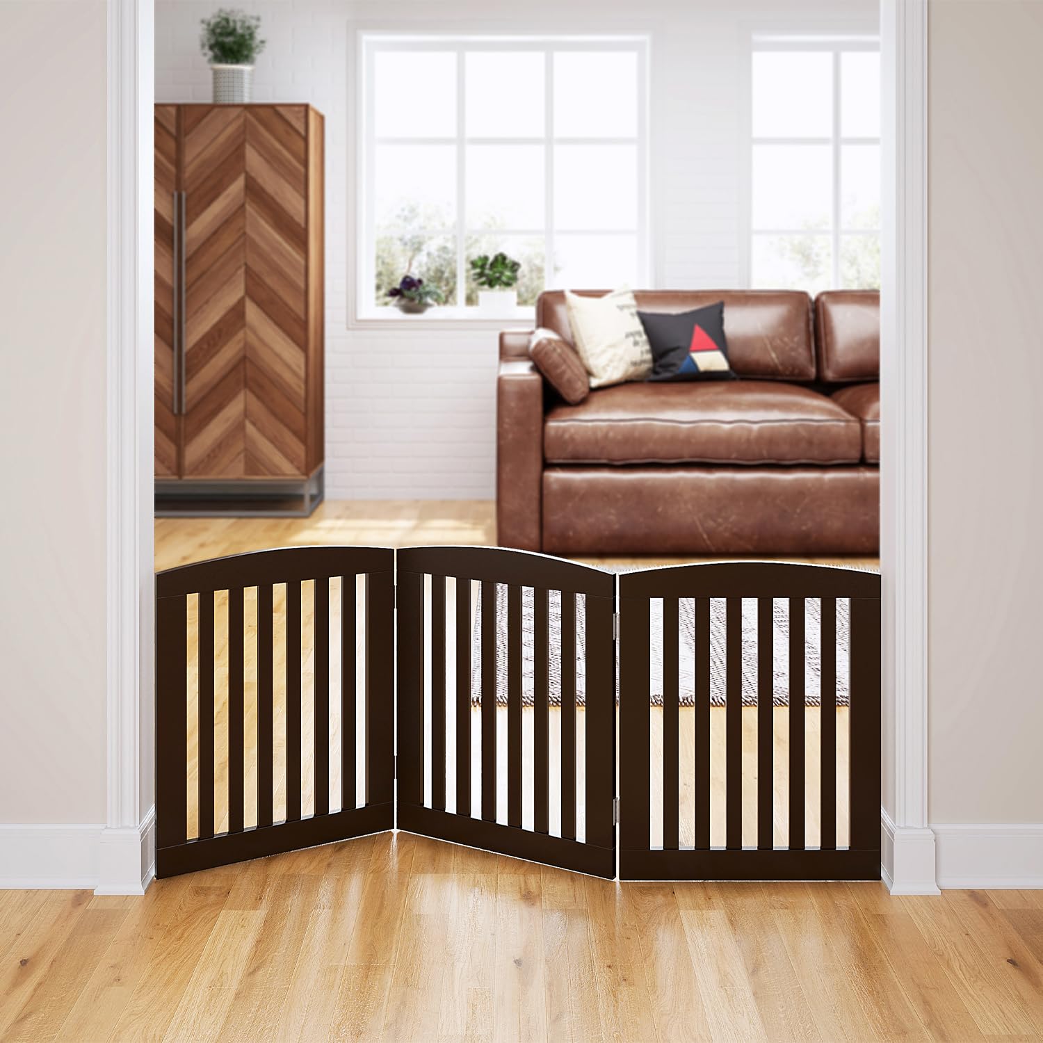 PAWLAND Wooden Freestanding Foldable Pet Gate for Dogs, 24 inch 3 Panels Step Over Fence, Dog Gate for The House, Doorway, Stair