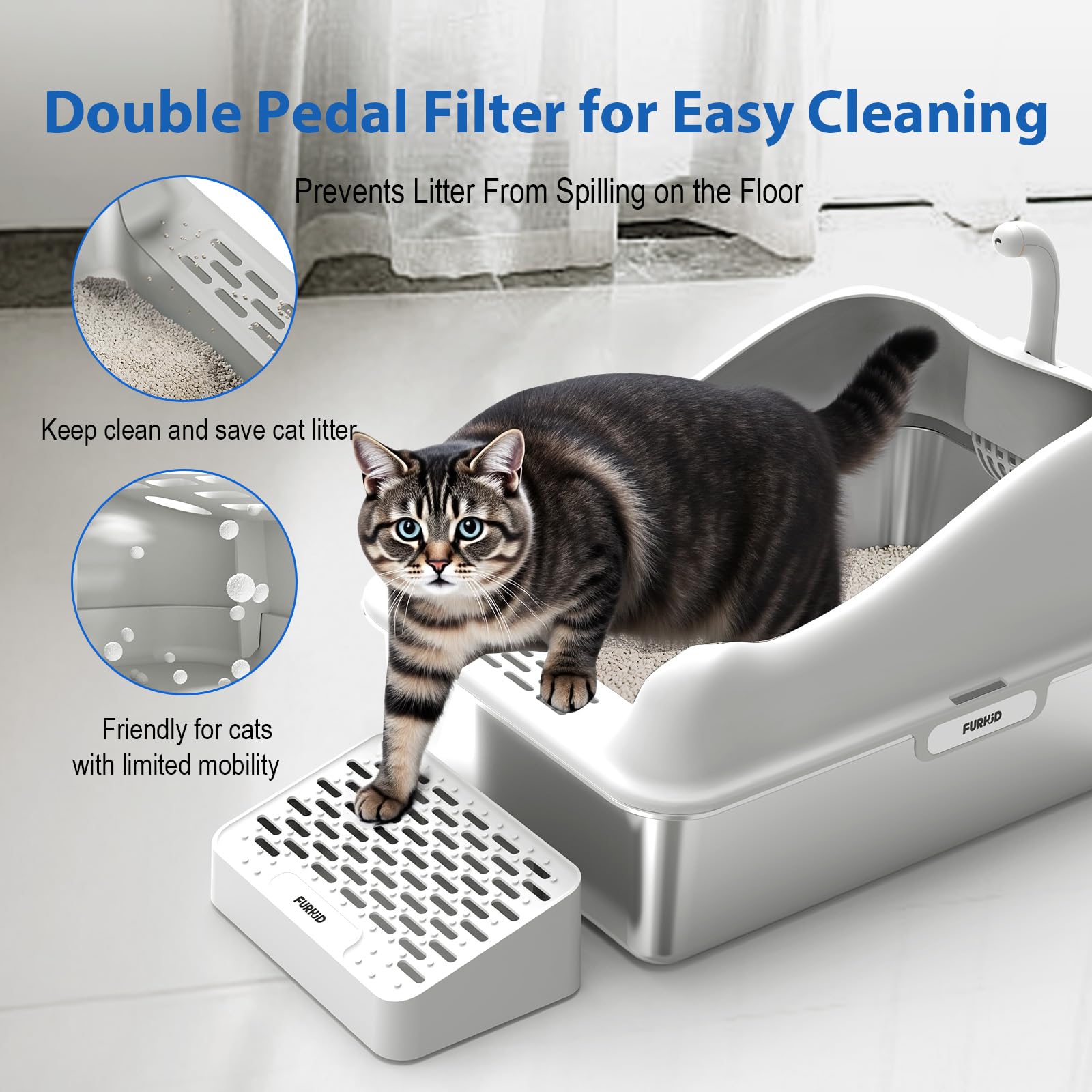 Furkid Stainless Steel Cat Litter Box With Lid, Xl Extra Large Litter Box For Big Cats, High Sided Kitty Metal Pan With Pedal Fi