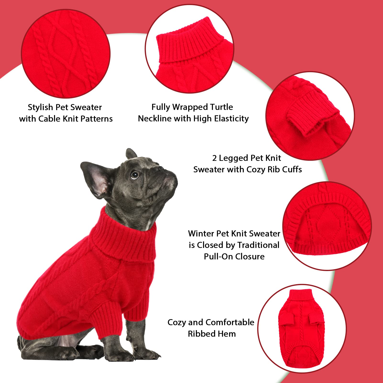 Queenmore Xxl Large Dog Winter Clothes - Warm Turtleneck Knitted Sweaters For Pitbull Doberman Dogs, Males & Females, Red, 2Xl
