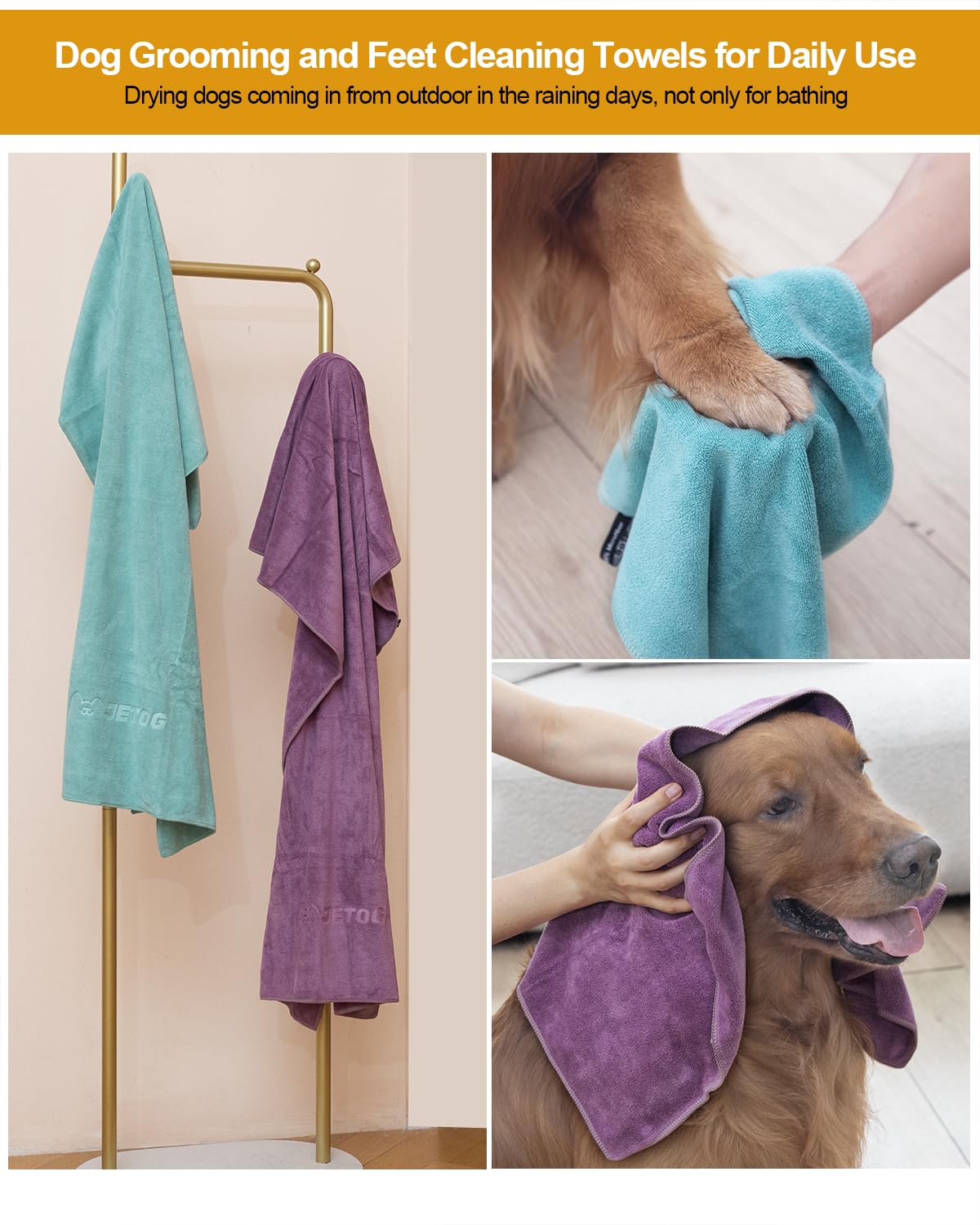 JETOG 2-PCS Fast Drying Dog Towels - 56 x 28 Inch Ultra Soft & Absorbent Large Dog Towel with 30 x 14 Inch Daily Use Paw Towel -