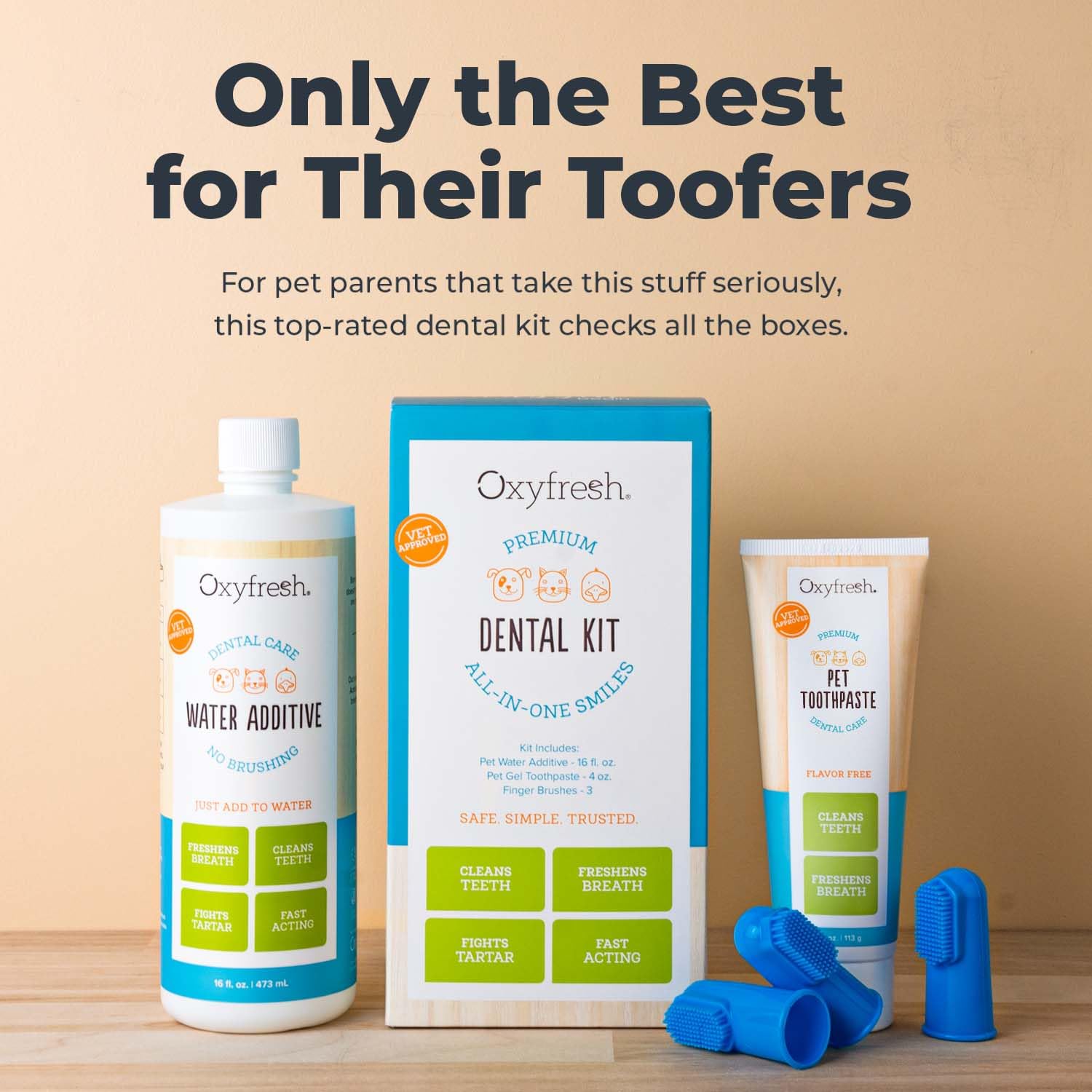 Oxyfresh Pet Dental Kit - Vet-Formulated Toothpaste & Water Additive, 1oz + 3oz, 3 Large Brushes - Fresh Breath & Clean Teeth for Dogs & Cats