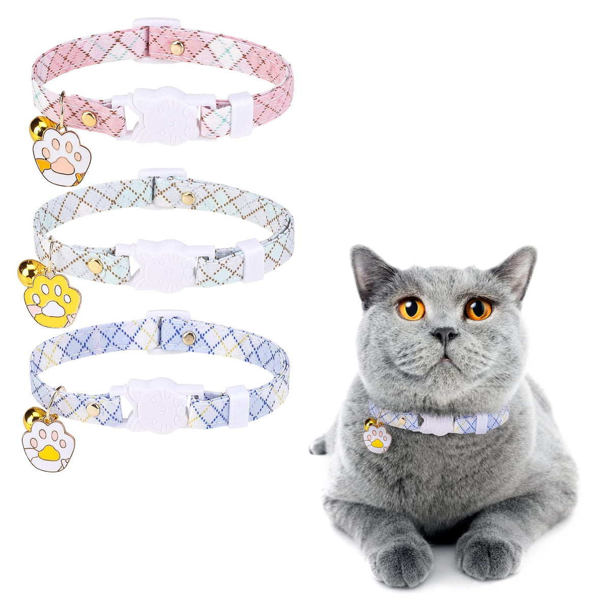 Dillybud 3 Pack Breakaway Cat Collars With Bell - Cute Cat Paw Pendant Cat Collar For Girl Boy Cats With Safety Buckle- Plaid Ki