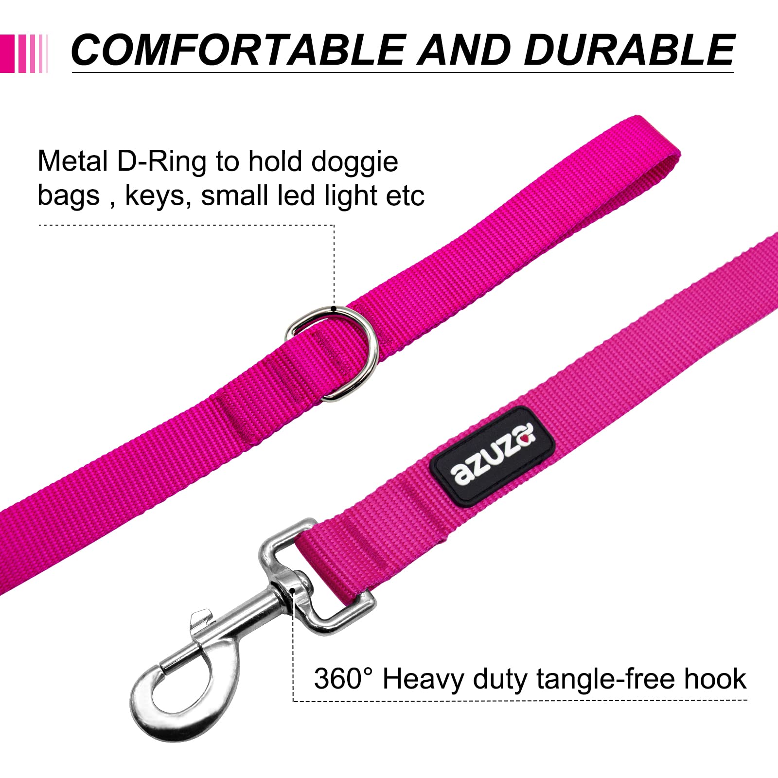 Azuza 3 Pack Nylon Dog Leashes,Strong & Durable Basic Style Leash With Easy To Use Collar Hook,Available In Multiple Lengths For Small Dogs, Hot Pink/Pink/Purple