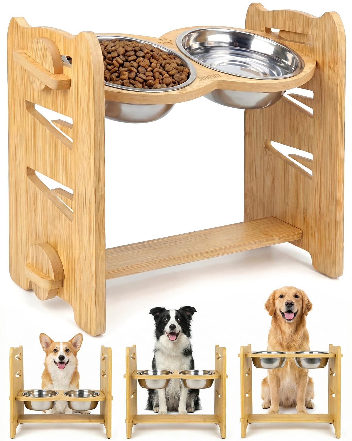 Jovrun Elevated Dog Bowls, Adjustable Raised Dog Bowl Stand for Medium Size Dogs, 15Tilted Elevated Dog Bowls, Durable Bamboo Do