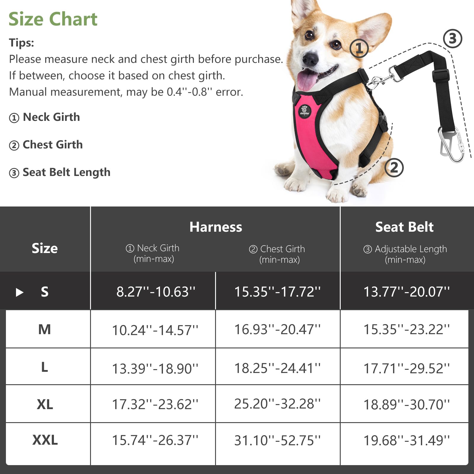Vavopaw Dog Vehicle Safety Vest Harness, Adjustable Soft Padded Mesh Car Seat Belt Leash Harness With Travel Strap And Carabiner For Most Cars, Small Size, Magenta
