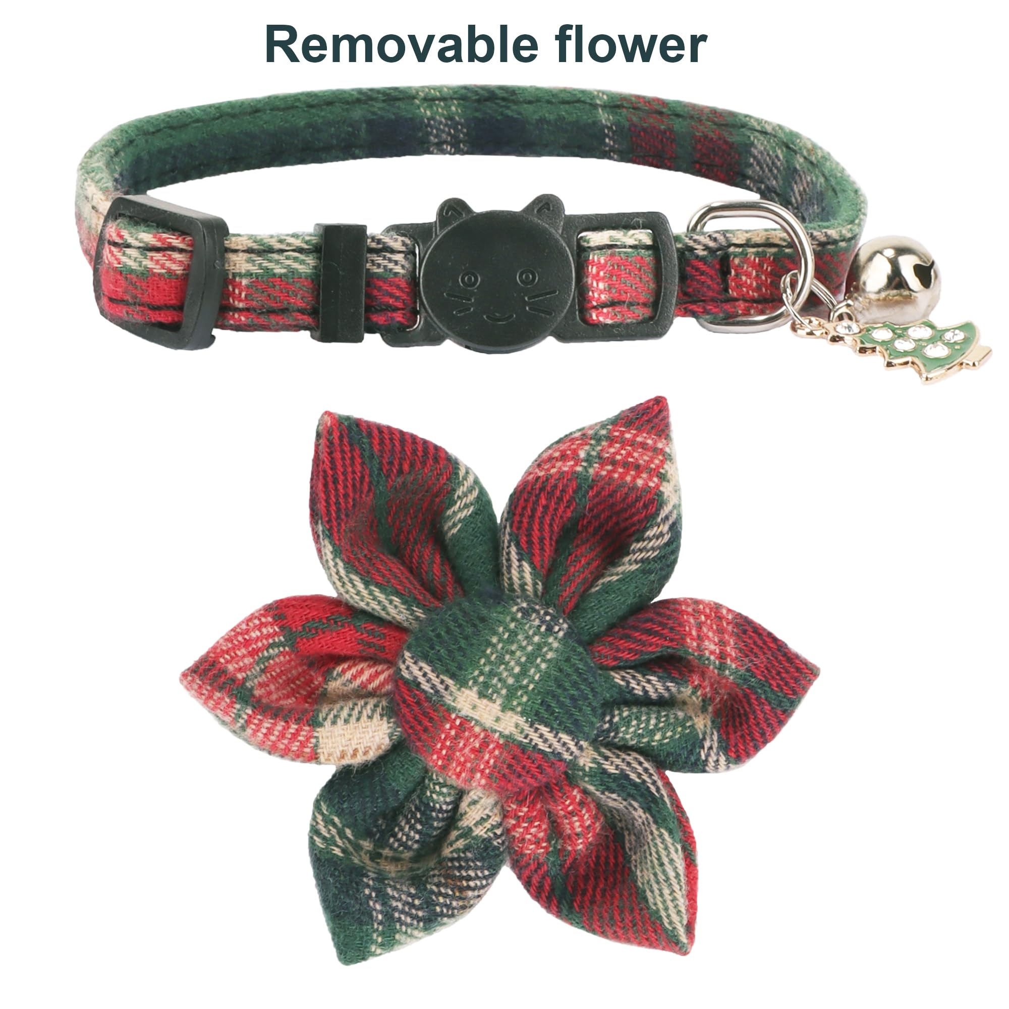 Adoggygo Christmas Cat Collar With Floral, 2 Pack Xmas Kitten Flower Collar, Red Green Plaid Christmas Collars For Cat Kitten