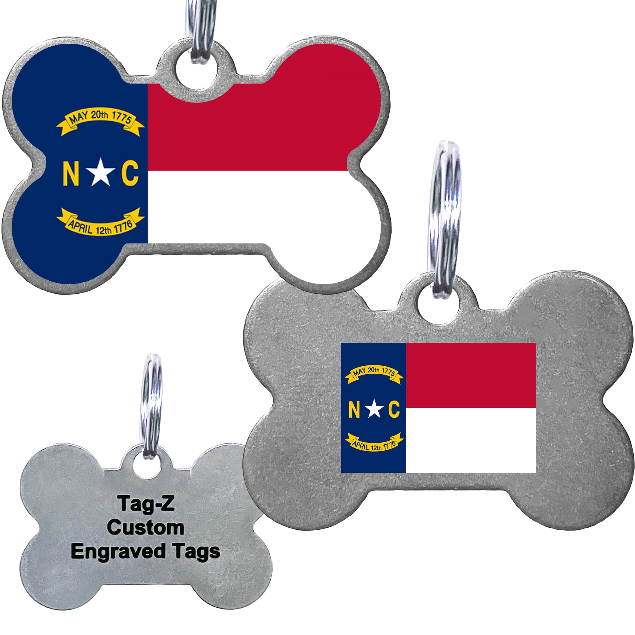 North Carolina Flag Pet Id Tags, Custom Printed And Laser Engraved Bone