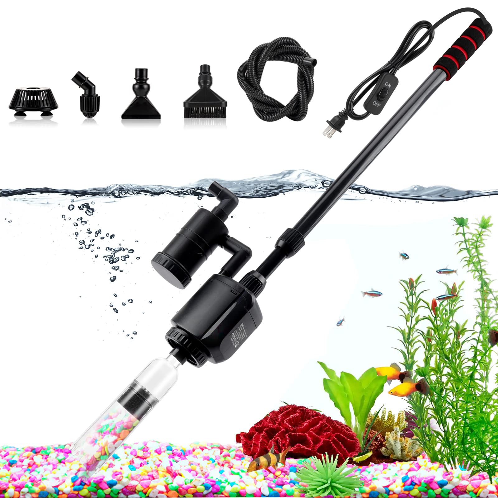 AQQA Electric Aquarium Gravel Cleaner, 6 in 1 Automatic Fish Tank Cleaning Tools Gravel Vacuum for Aquarium, Suitable for Change