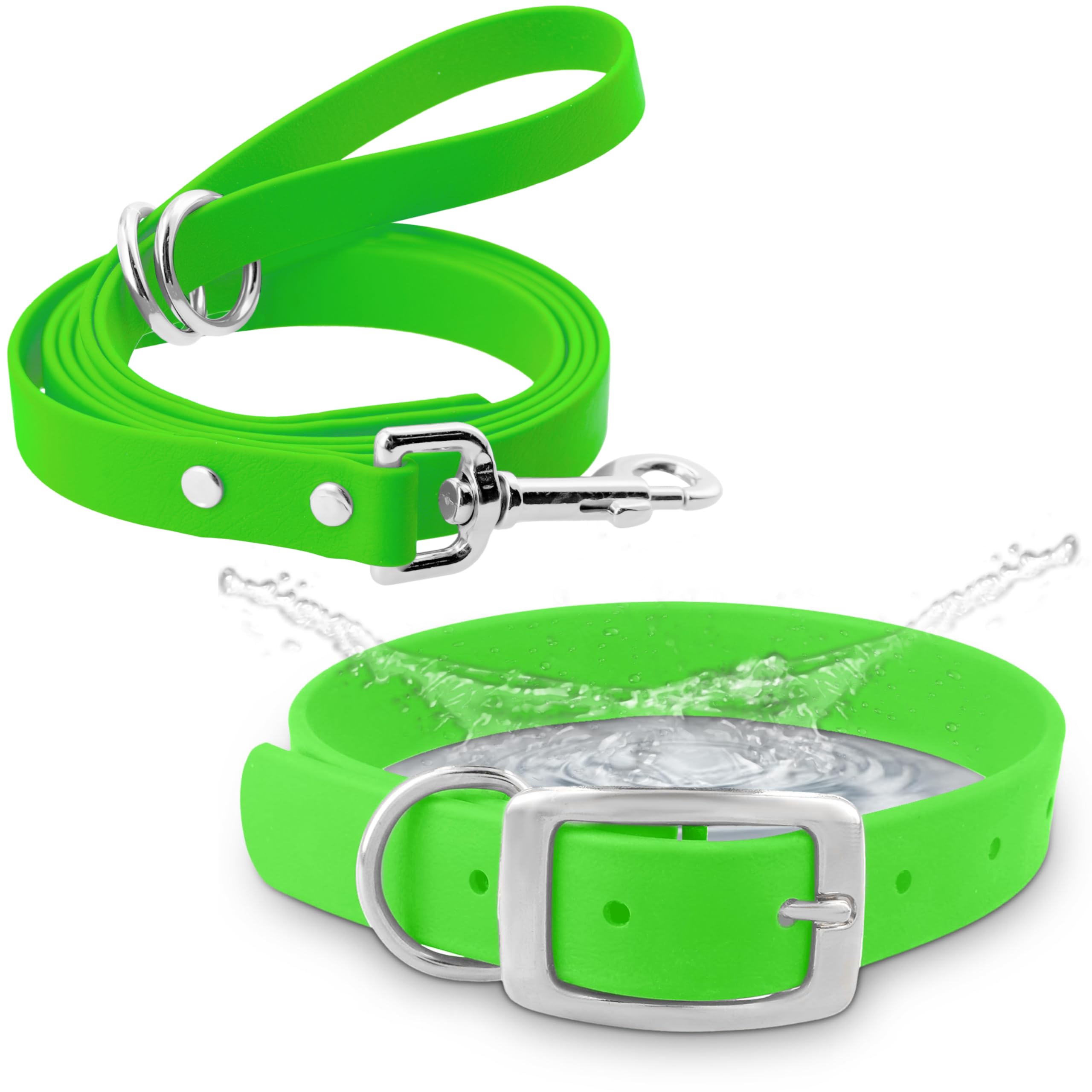 Regal Dog Products Small Light Green Waterproof Dog Collar and Leash Set | Heavy Duty Double Buckle & D Ring - 5'ft Leash | Adju