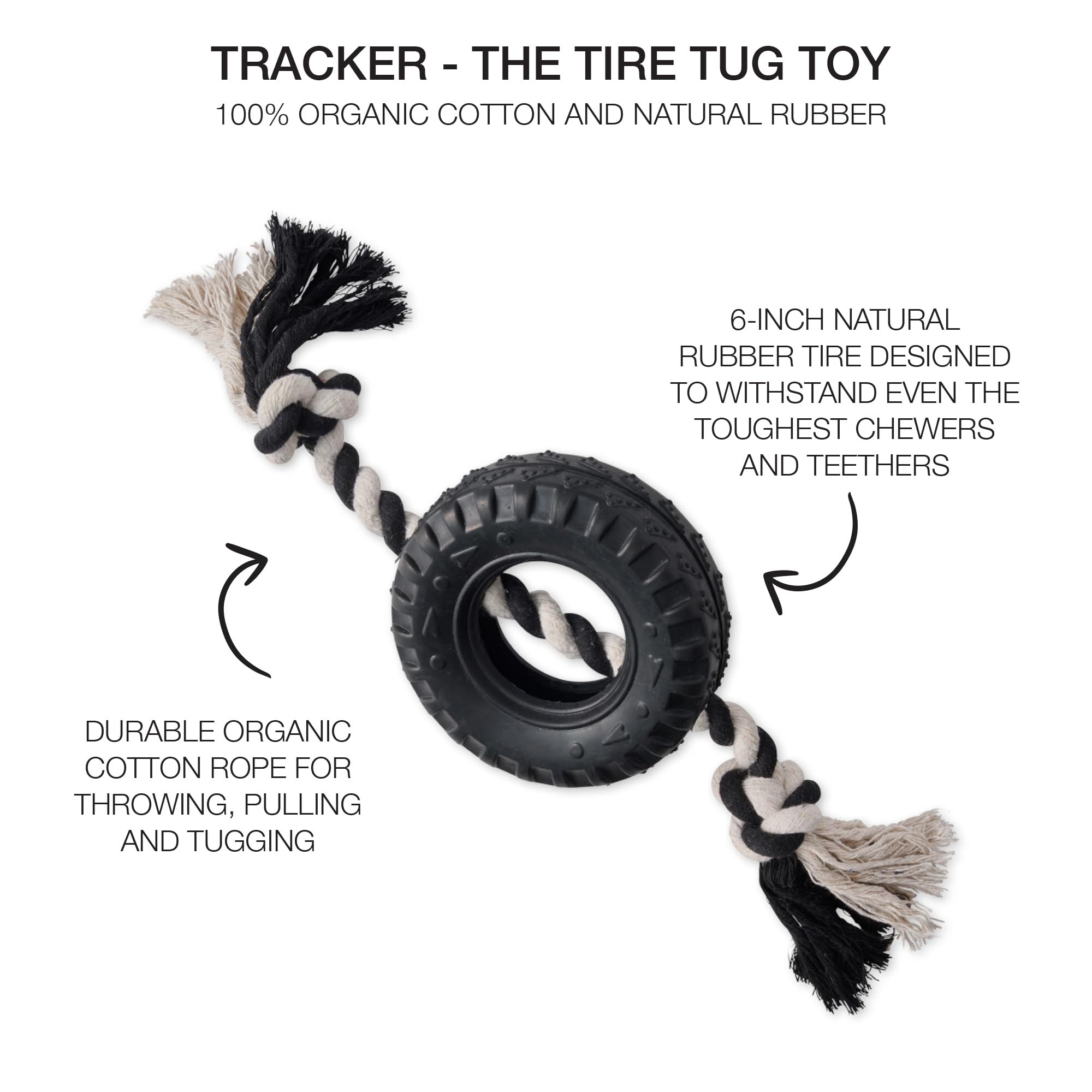 Pet Passion Natural Rubber Tire and Organic Cotton Rope Pull and Chew Dog Toy for All Pet Breeds, Black, Medium