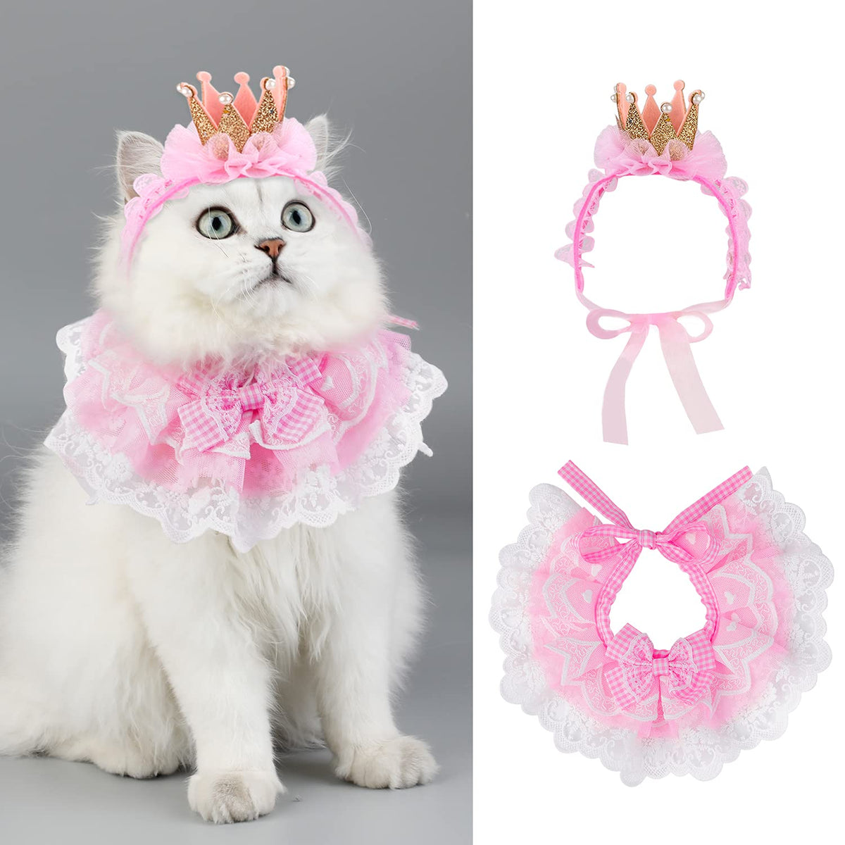 Legendog Cat Bandana For Cats, Princess Cat Costumes For Cats, Cute Lace Dog Bandanas And Cat Crown Accessories For Cats Small Dogs, Pink Outfit For Birthday Party (B-Pink)