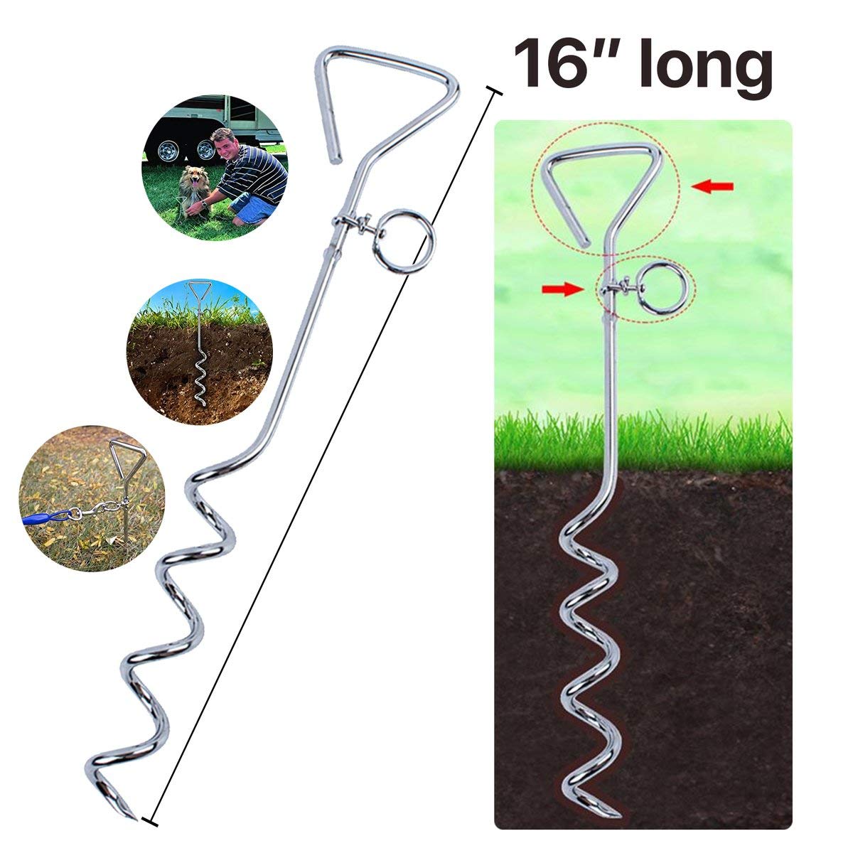 Katzco Dog Tie-Out Stake - Heavy Duty 16' Dog Stakes For Outside, Yard And Camping, Corkscrew Arrowhead Design With Tangle-Free