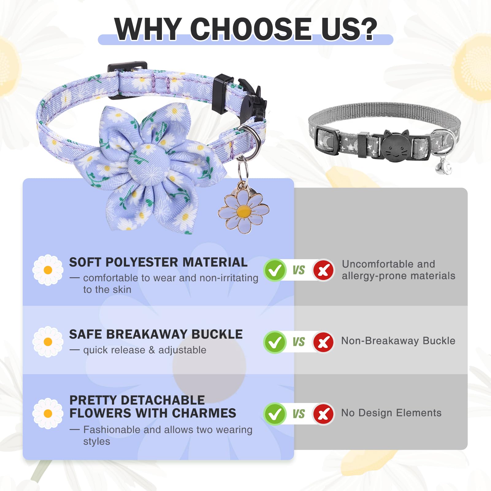 Dillybud Breakaway Cat Collars For Girl Boy Cats, 2 Pack Cute Kitten Collar With Bells & Flowers, Safety Adjustable Female Male