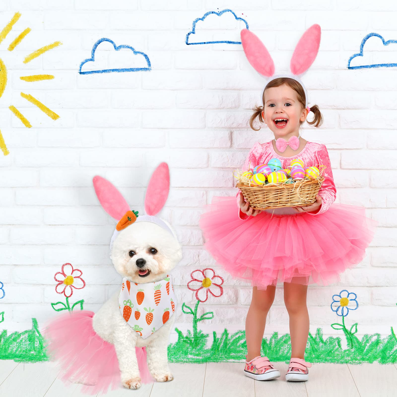 7 Pieces Easter Dog Bunny Costume Set, Pet Bunny Ears Headband, Pink Tutu Skirt, Triangle Bibs Pet Scarf With Tail, Bow Tie Coll