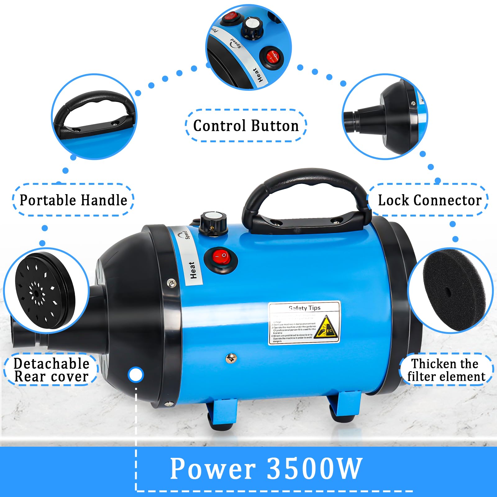 High Velocity 5.2Hp 3500W Large Dog Hair Dryer With Heater For Grooming - Adjustable Temperature With 4 Nozzles (Blue)