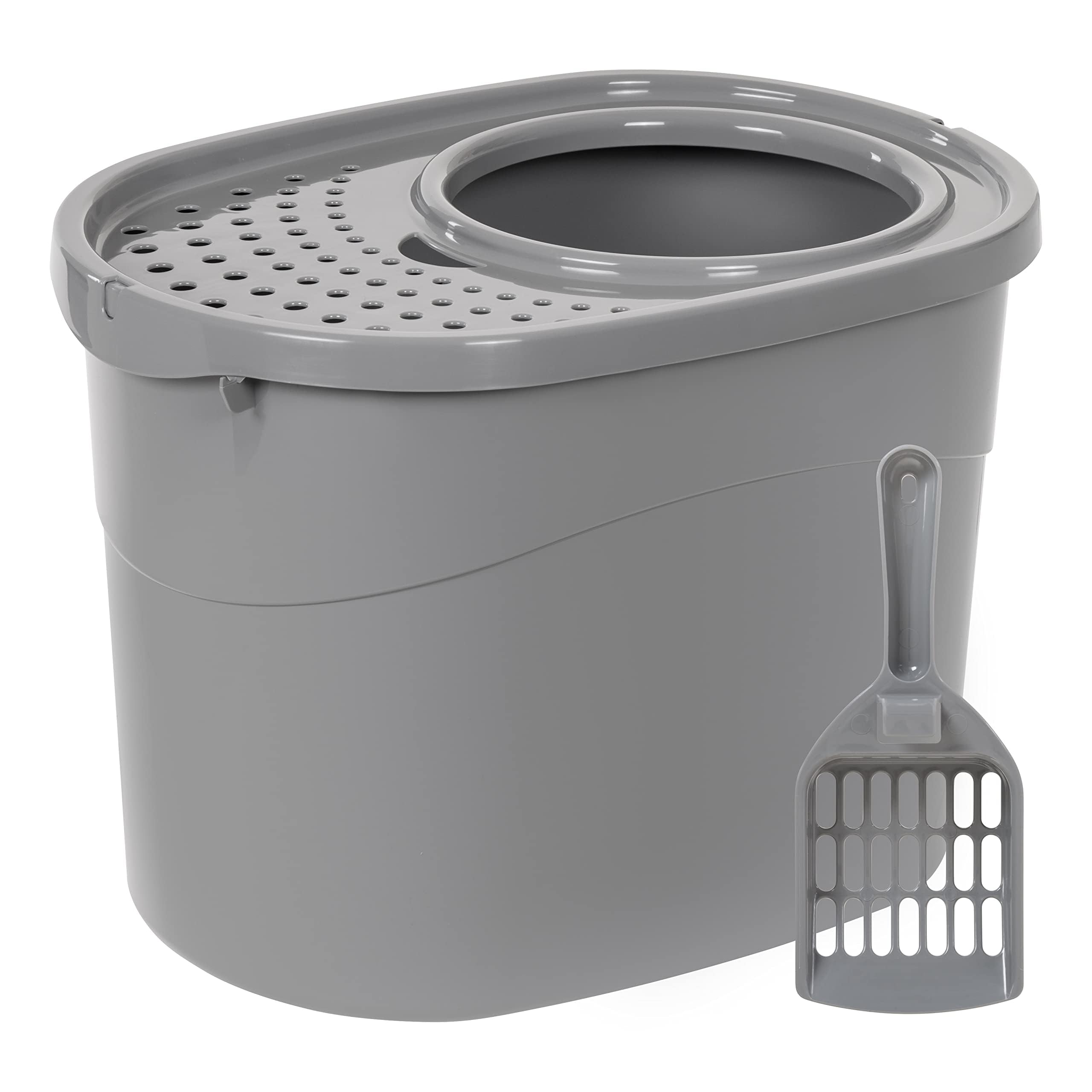 Amazon Basics Large Cat Litter Box With High Sides, Top Entry, Includes Scoop, 20.5 X 14.75 X 14.38 Inches, Grey