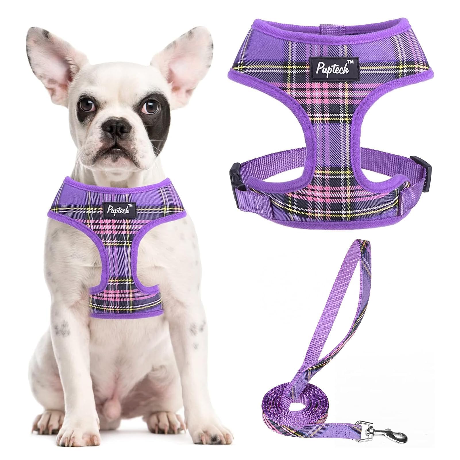 Pupteck Soft Mesh Dog Harness And Leash Set Pet Puppy Cat Comfort Padded Vest No Pull Harnesses, Purple, L