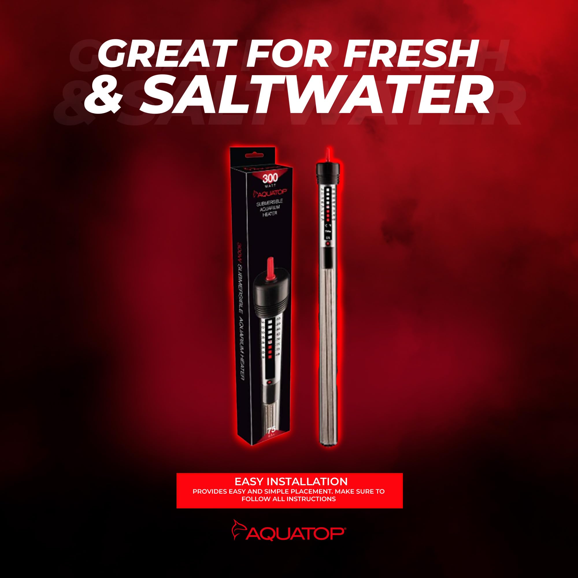 Aquatop 300W Titanium Heater With Anti-Overwind Knob – Adjustable Temperature – For 75 Gallons – 14.5' Height – For Freshwater & Saltwater Tanks