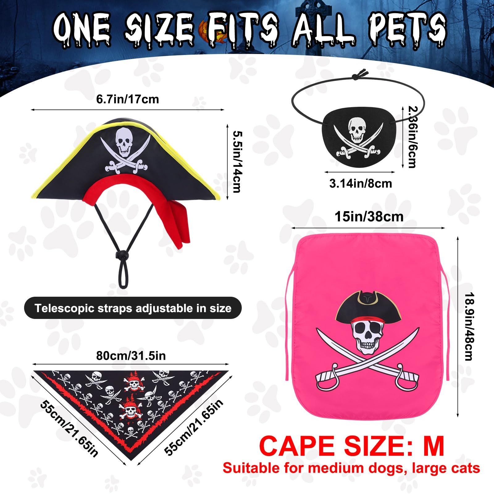 Huhumy 4 Pcs Dog Pirate Costume Set Dog Pirate Hat Pet Skull Triangle Bandana Puppy Cape and Eye Mask for Halloween Outfits Acce