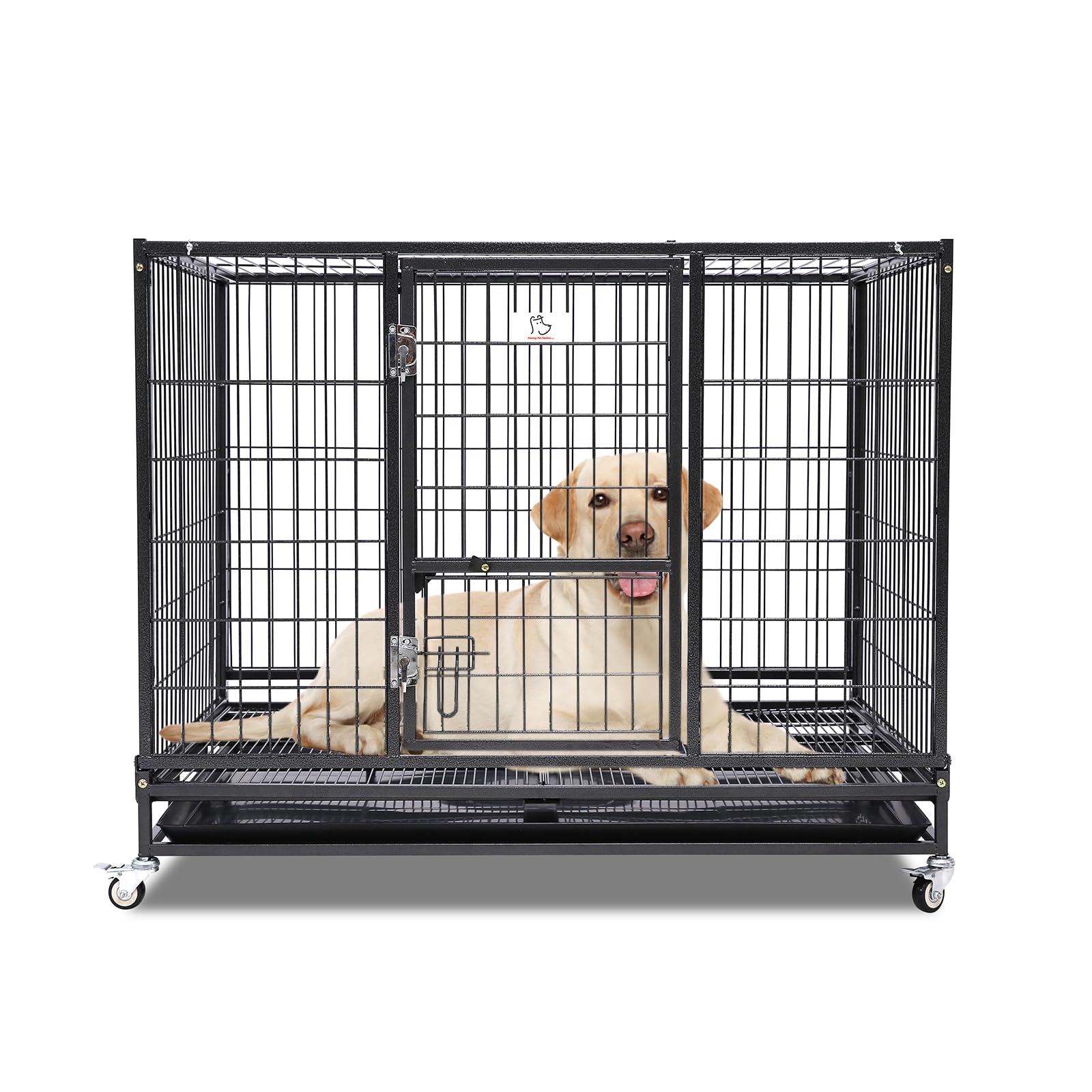 Homey Pet 43 Stackable and Collapsible Heavy Duty Dog Crate Cage Kennel with Feeding Door, Four Lockable Casters, Removable Tray